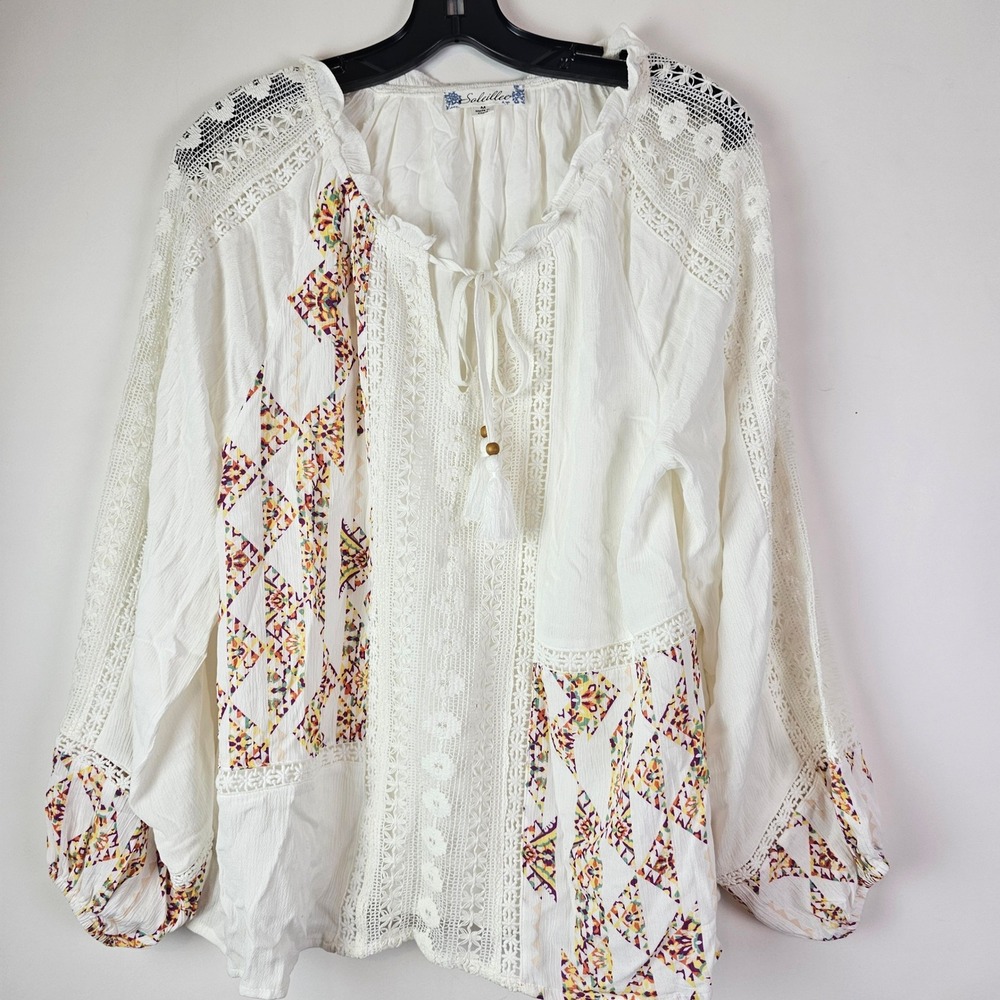 Soleillee White Crochet Lace Embroidered Peasant Blouse Tassel Tie Medium Boho